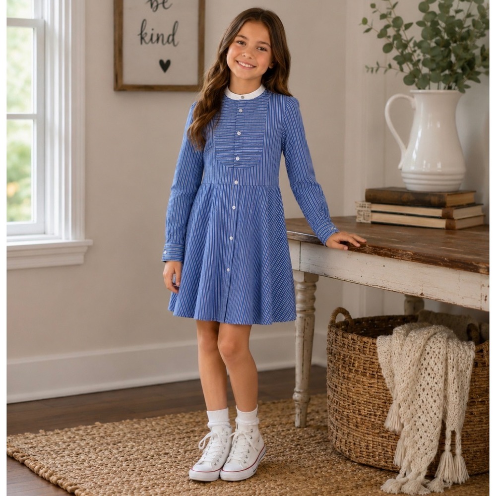 Polo Ralph Lauren Girls 12 Blue White Striped Shirt Dress Long Sleeve Preppy